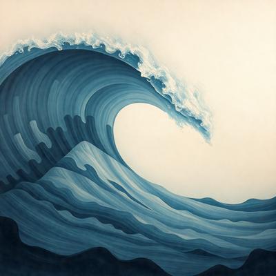 The primary subject of the image is a large wave in the ocean. The wave is depicted in a painting or drawing, with a blue and white color scheme. The setting is the ocean, and the visual style is artistic, showcasing the power and beauty of the wave. The overall atmosphere is dynamic and captivating, as the wave appears to be crashing onto the shore.